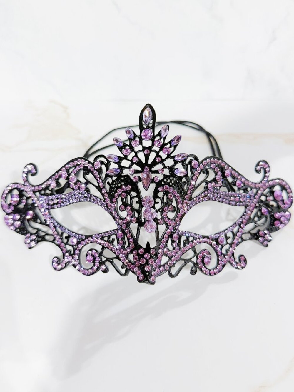 Lavender Rhinestone Masquerade Mask, Black Venetian Face Mask, Costume Mask